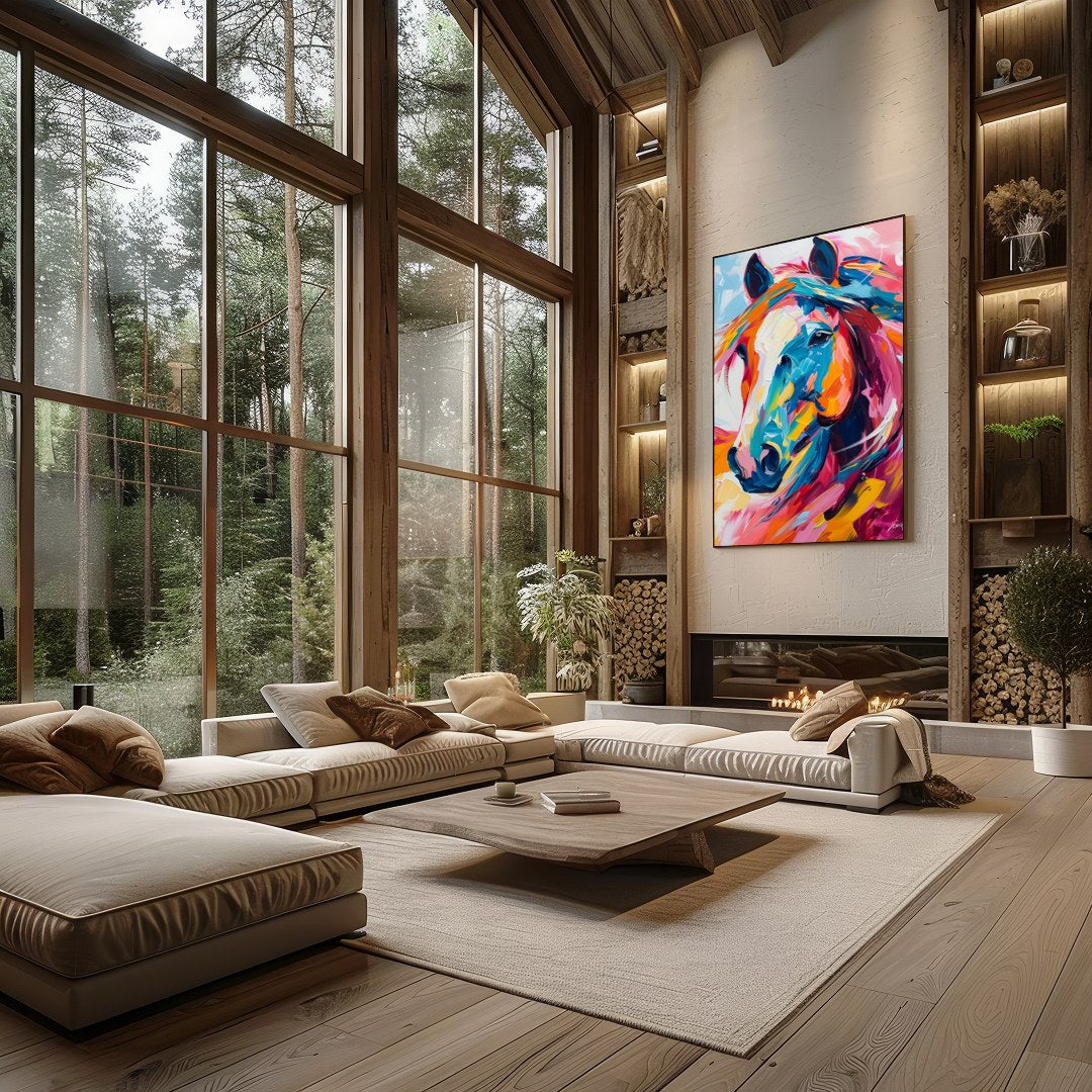 This stunning piece captures the dynamic spirit of a horse through vibrant, bold brushstrokes. The for Living Room