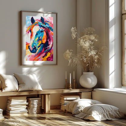 This stunning piece captures the dynamic spirit of a horse through vibrant, bold brushstrokes. The for loft