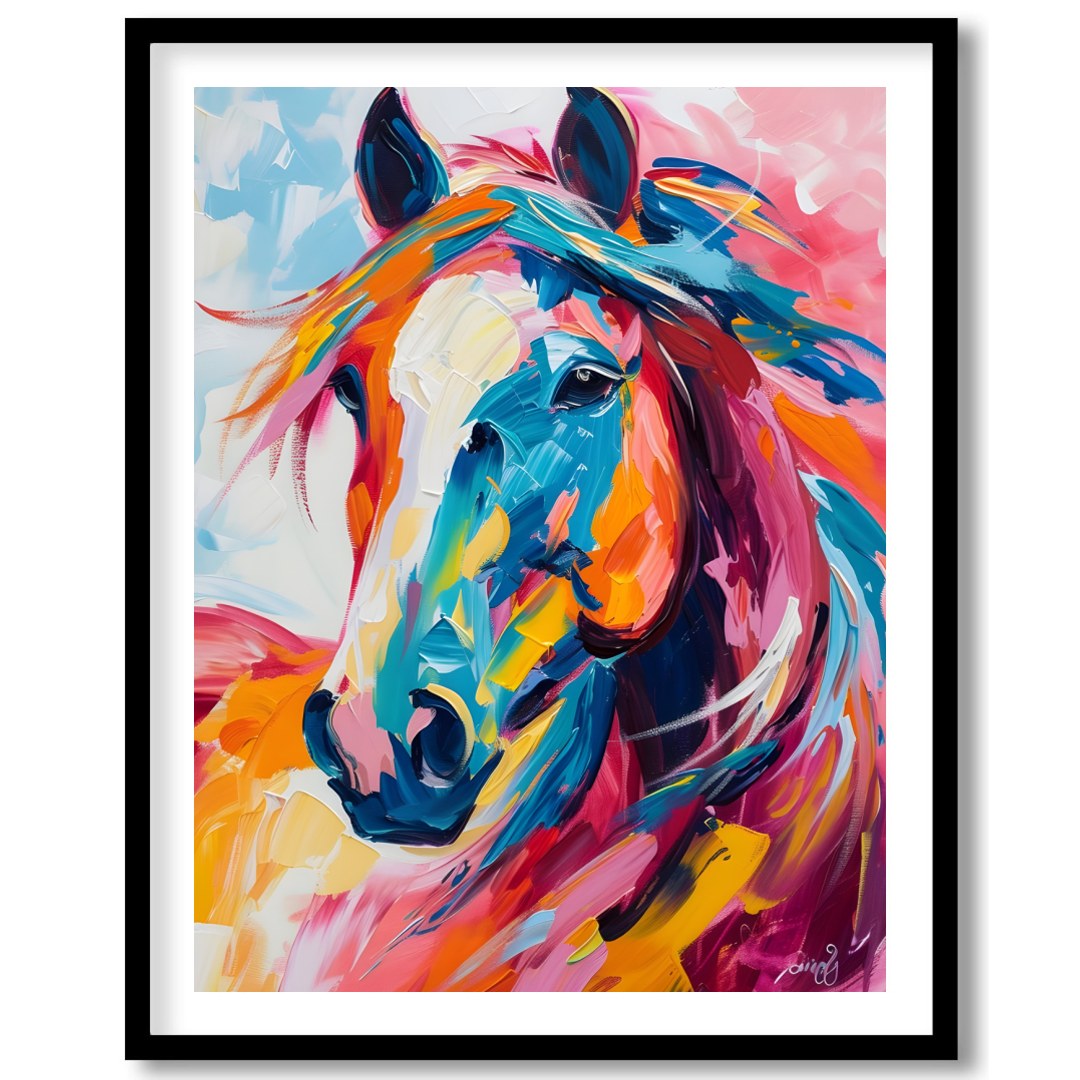 This stunning piece captures the dynamic spirit of a horse through vibrant, bold brushstrokes. The for retreat
