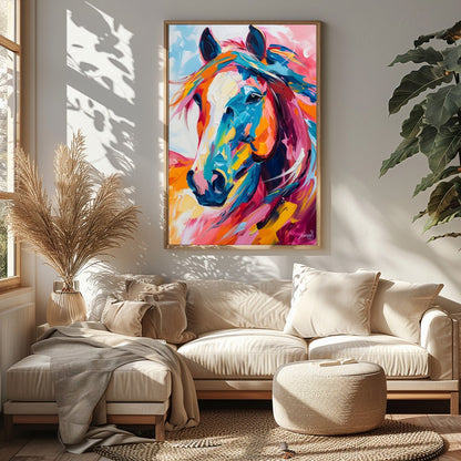 This stunning piece captures the dynamic spirit of a horse through vibrant, bold brushstrokes. The for Sitting Area