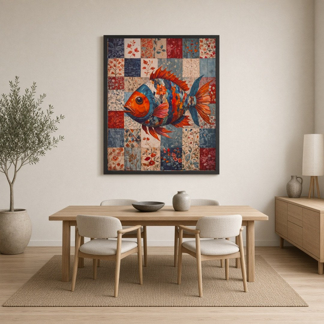 Dive into a world of color with this striking art print, featuring a vibrant fish composed of for Dining