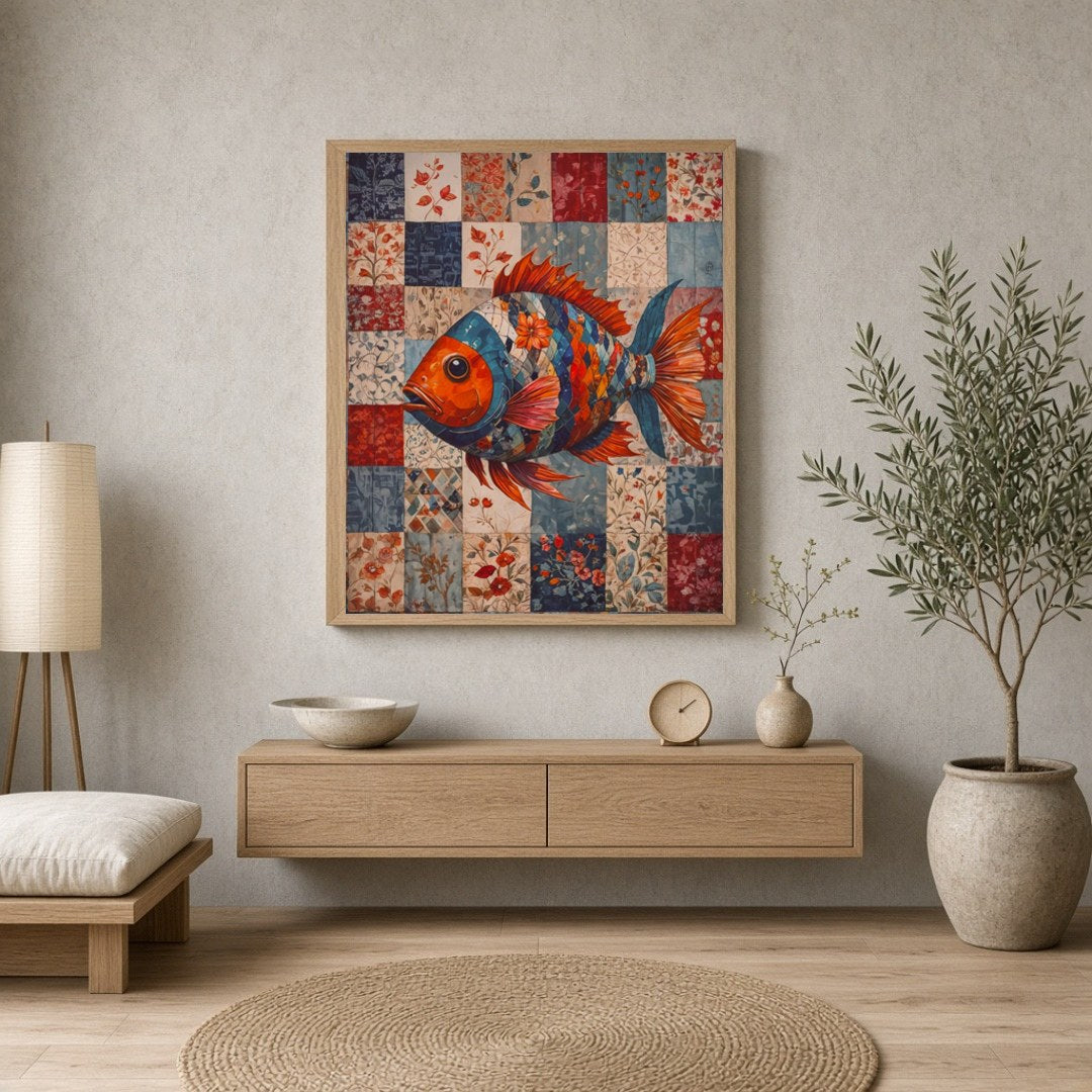 Dive into a world of color with this striking art print, featuring a vibrant fish composed of for Entrance