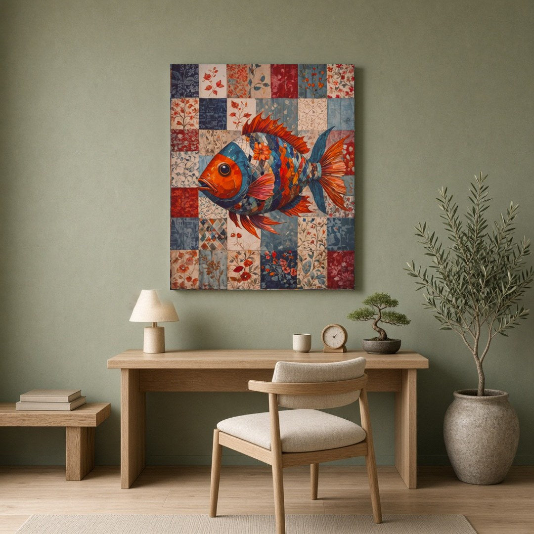 Dive into a world of color with this striking art print, featuring a vibrant fish composed of for Home Office