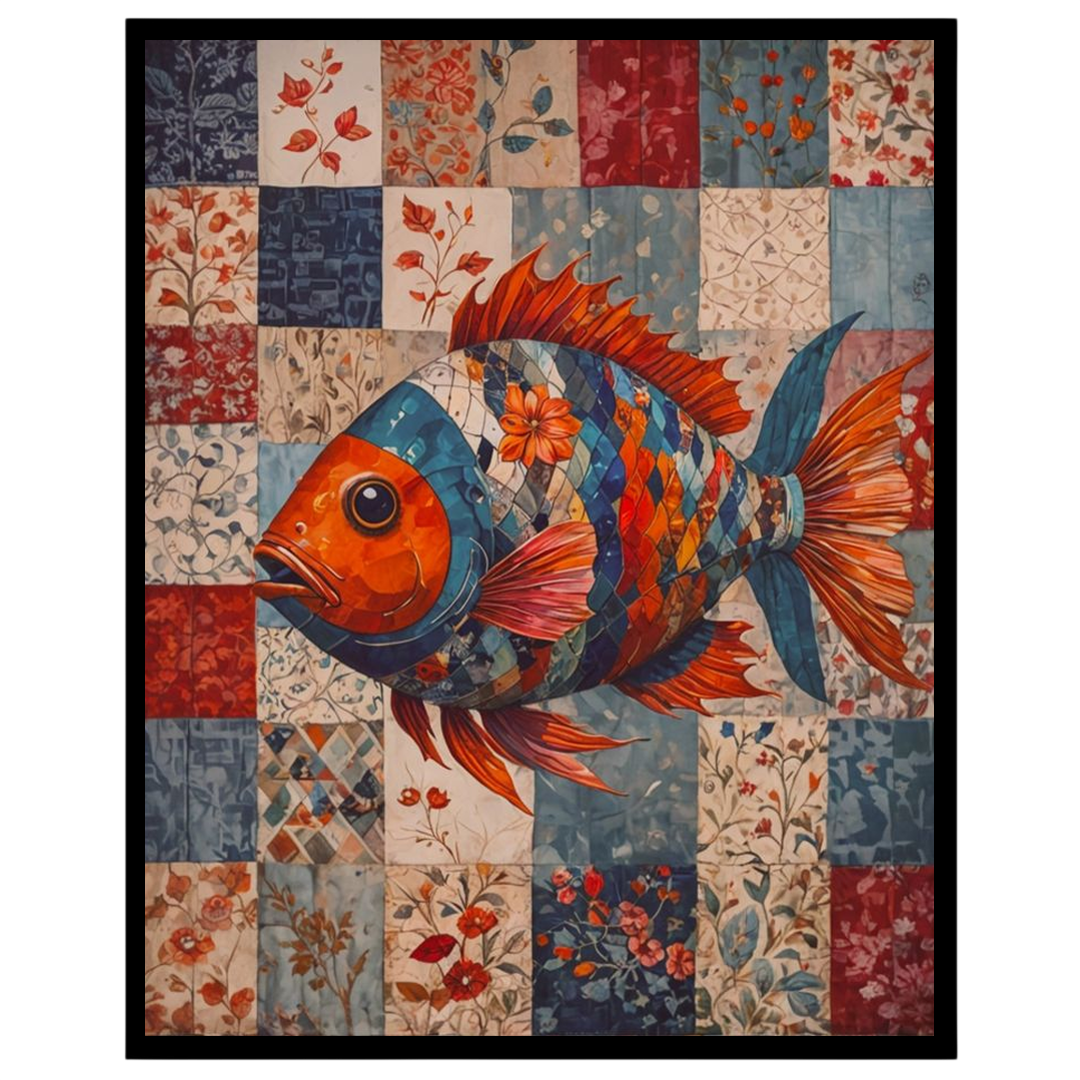 Dive into a world of color with this striking art print, featuring a vibrant fish composed of for kitchen