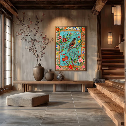Immerse yourself in a tapestry of nature with this enchanting artwork, featuring a lively bird for Hall