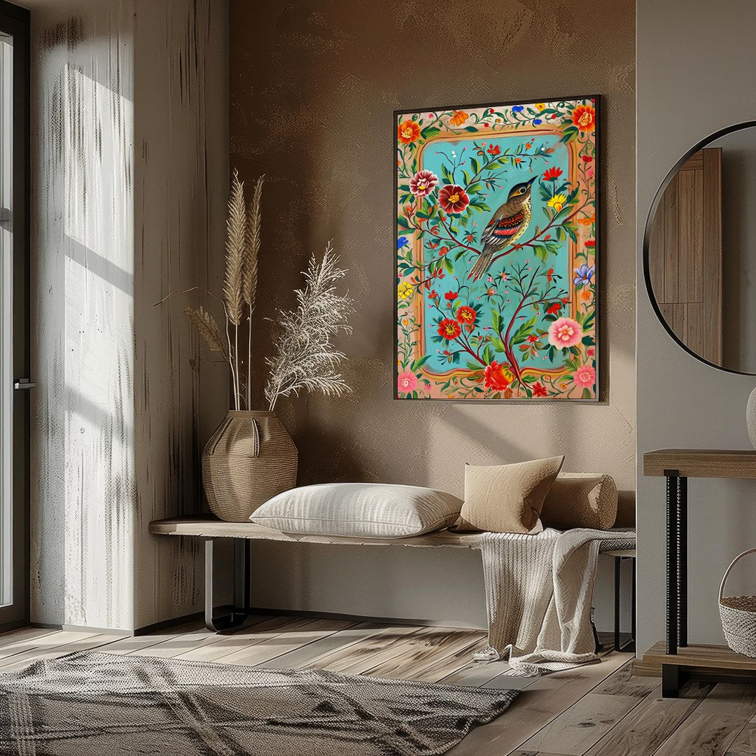 Immerse yourself in a tapestry of nature with this enchanting artwork, featuring a lively bird for hallway