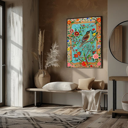 Immerse yourself in a tapestry of nature with this enchanting artwork, featuring a lively bird for hallway