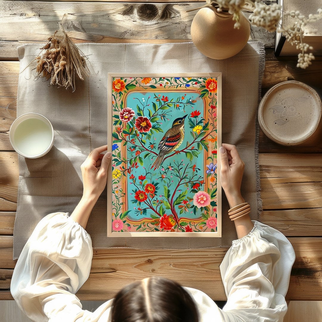 Immerse yourself in a tapestry of nature with this enchanting artwork, featuring a lively bird for Kitchen