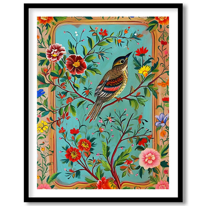 Immerse yourself in a tapestry of nature with this enchanting artwork, featuring a lively bird for room