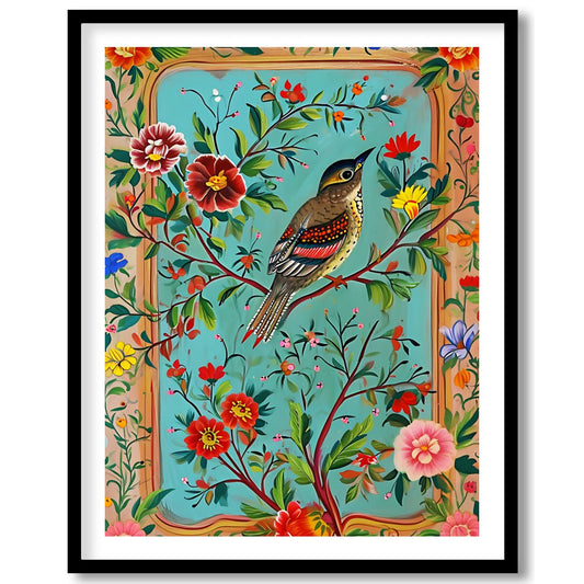 Immerse yourself in a tapestry of nature with this enchanting artwork, featuring a lively bird for room