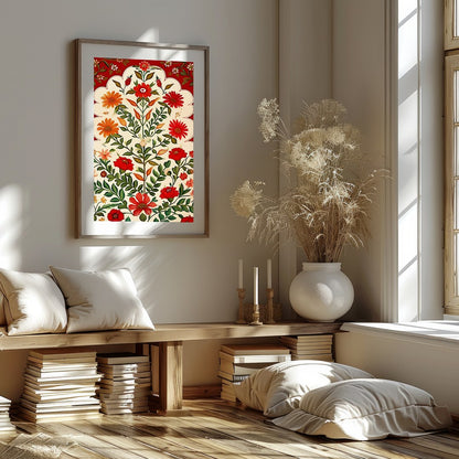 This captivating artwork features a lush array of vibrant flowers set against a warm background. for haven