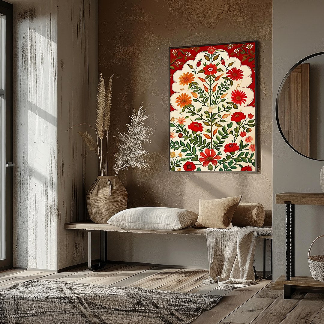 This captivating artwork features a lush array of vibrant flowers set against a warm background. for loft