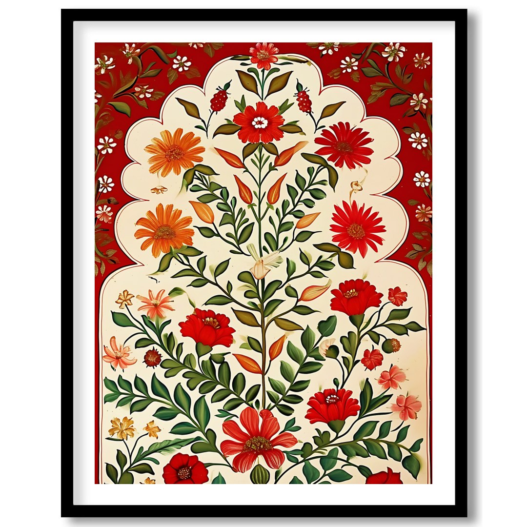 This captivating artwork features a lush array of vibrant flowers set against a warm background. for studio
