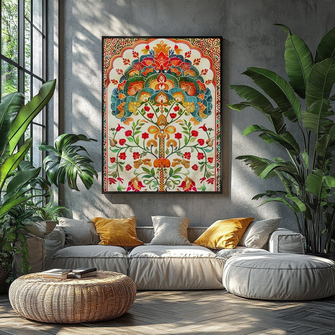 This exquisite artwork features an intricate mandala design with lush floral motifs and vivid for Balcony
