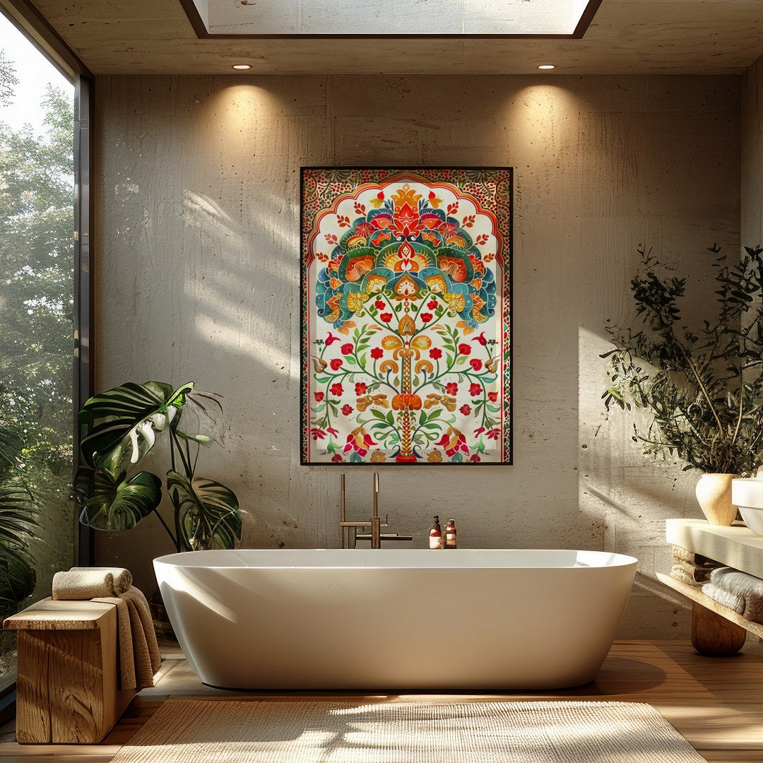 This exquisite artwork features an intricate mandala design with lush floral motifs and vivid for Bathroom