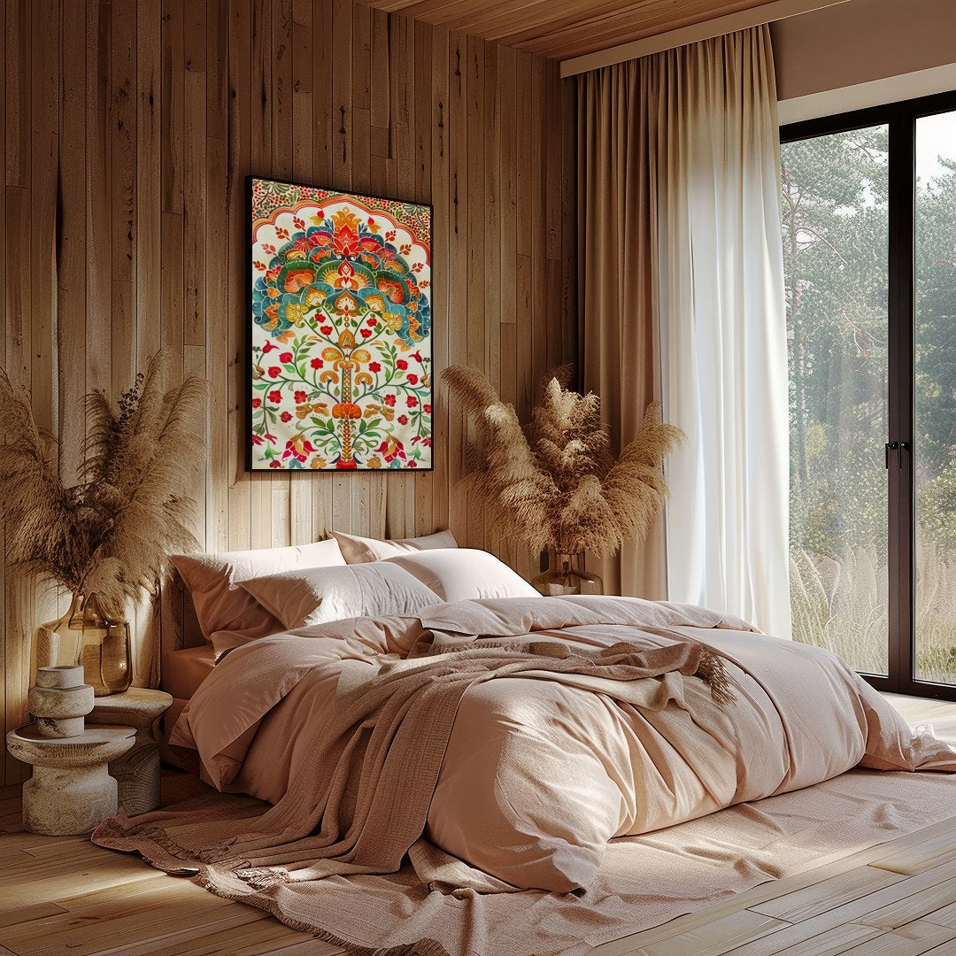 This exquisite artwork features an intricate mandala design with lush floral motifs and vivid for Bedroom