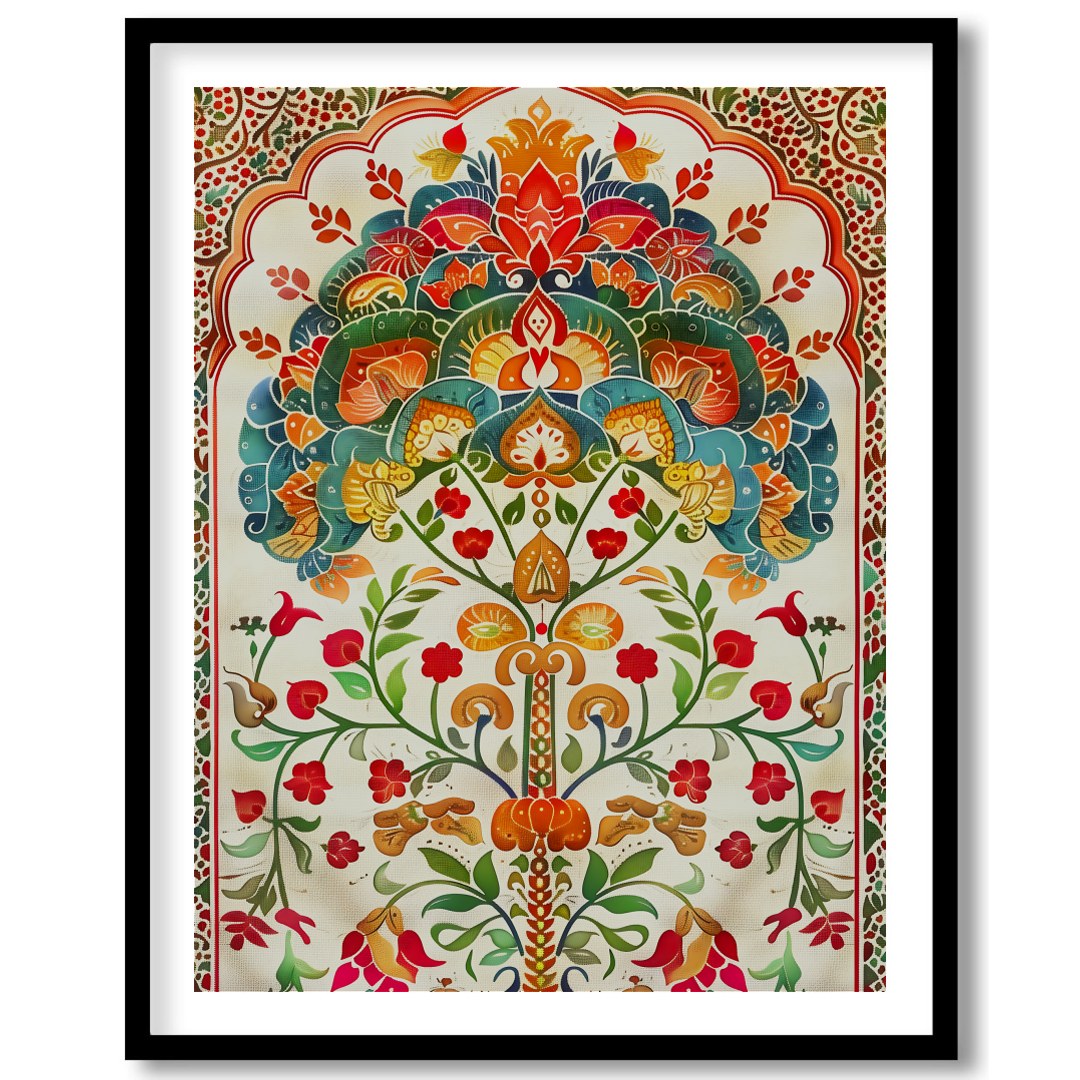 This exquisite artwork features an intricate mandala design with lush floral motifs and vivid for dwelling