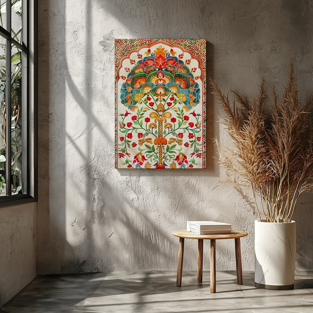 This exquisite artwork features an intricate mandala design with lush floral motifs and vivid for Entrance