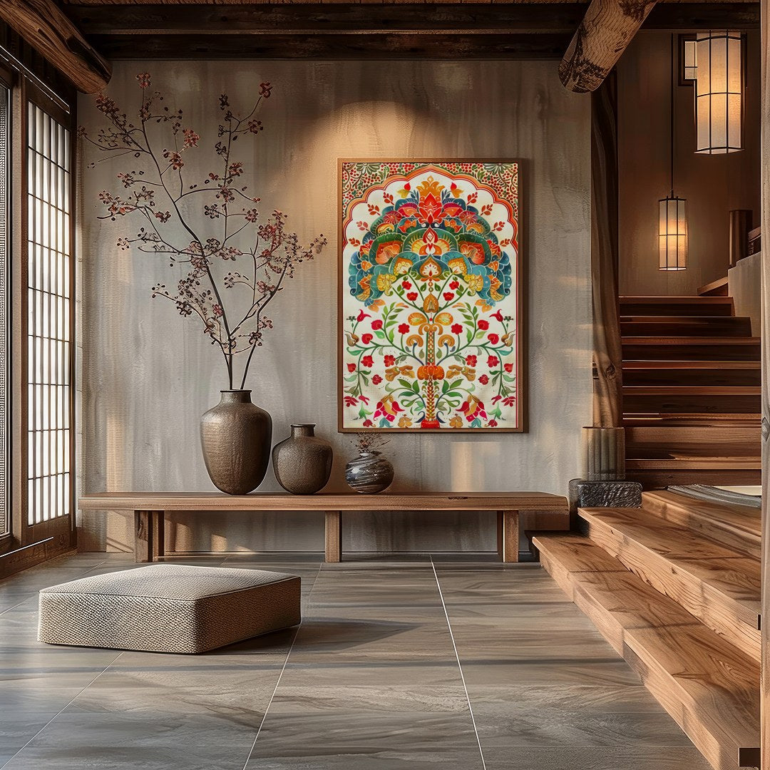 This exquisite artwork features an intricate mandala design with lush floral motifs and vivid for Hall