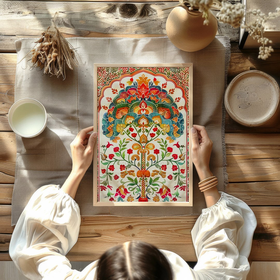 This exquisite artwork features an intricate mandala design with lush floral motifs and vivid for Kitchen