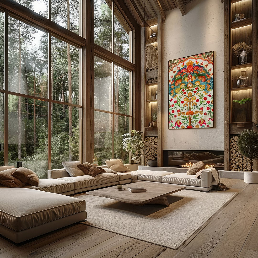 This exquisite artwork features an intricate mandala design with lush floral motifs and vivid for Living Room