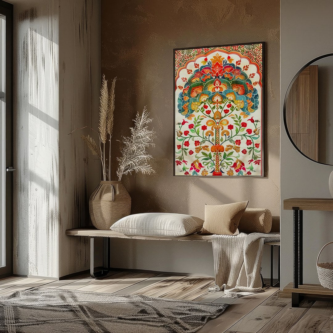 This exquisite artwork features an intricate mandala design with lush floral motifs and vivid for place