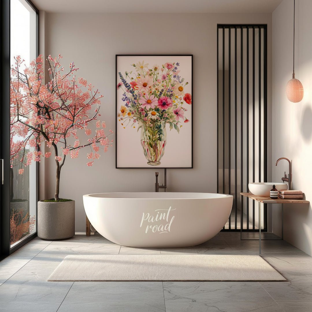 This captivating digital illustration showcases a lush bouquet of various flowers, including daisie… for bathroom