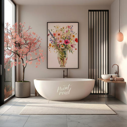This captivating digital illustration showcases a lush bouquet of various flowers, including daisie… for bathroom