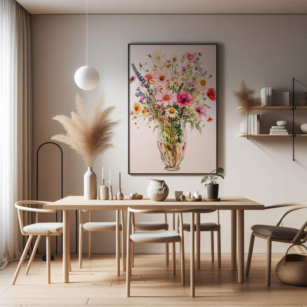 This captivating digital illustration showcases a lush bouquet of various flowers, including daisie… for dining room