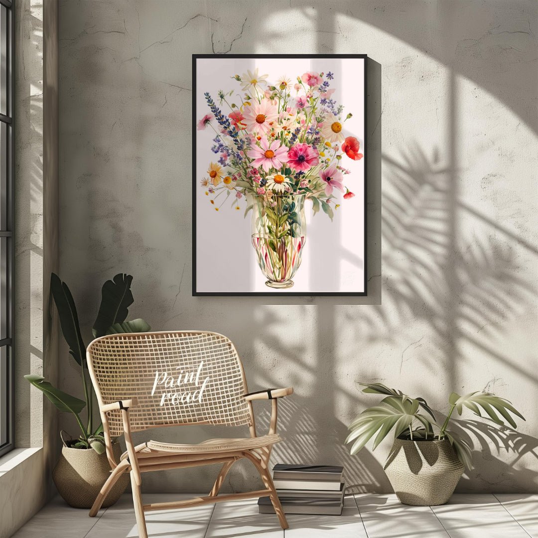 This captivating digital illustration showcases a lush bouquet of various flowers, including daisie… for living room