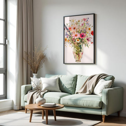 This captivating digital illustration showcases a lush bouquet of various flowers, including daisie… for living room