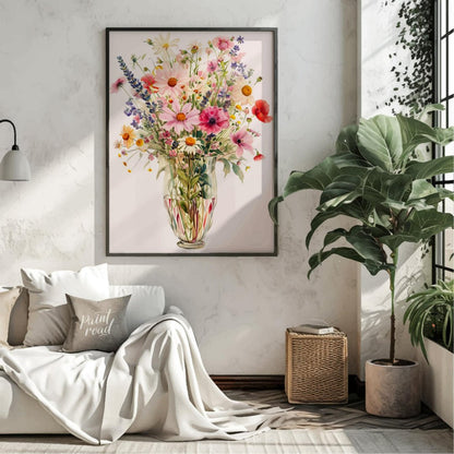 This captivating digital illustration showcases a lush bouquet of various flowers, including daisie… for living room