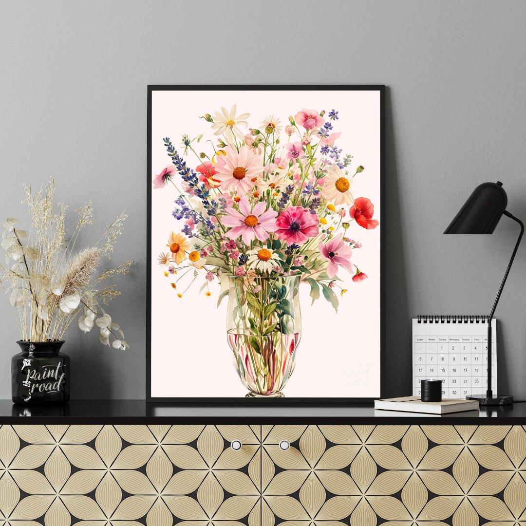 This captivating digital illustration showcases a lush bouquet of various flowers, including daisie… for office