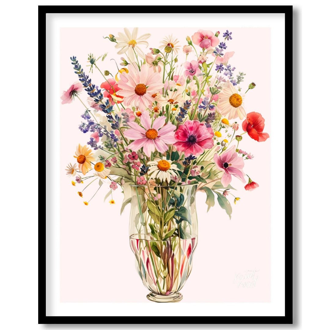 This captivating digital illustration showcases a lush bouquet of various flowers, including daisie… for sweet home