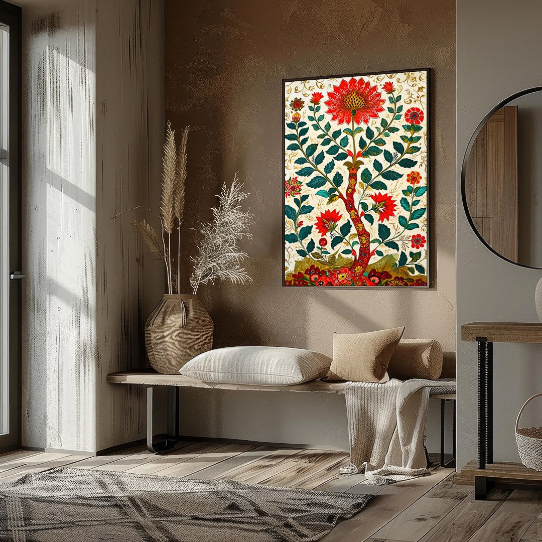 Immerse yourself in the beauty of this intricate floral artwork, where bold red blooms flourish for abode