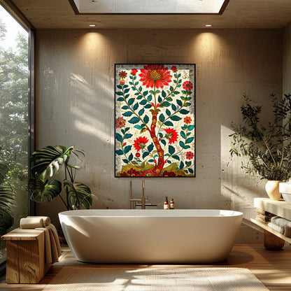 Immerse yourself in the beauty of this intricate floral artwork, where bold red blooms flourish for Bathroom