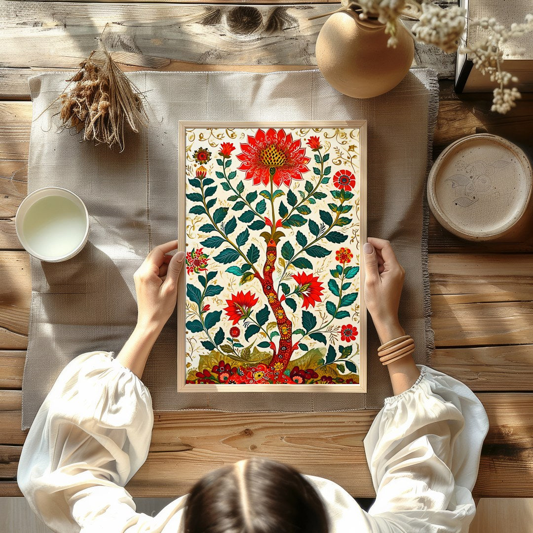 Immerse yourself in the beauty of this intricate floral artwork, where bold red blooms flourish for Kitchen