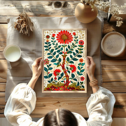 Immerse yourself in the beauty of this intricate floral artwork, where bold red blooms flourish for Kitchen