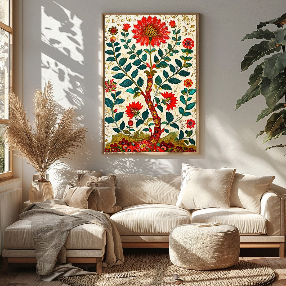 Immerse yourself in the beauty of this intricate floral artwork, where bold red blooms flourish for Sitting Area
