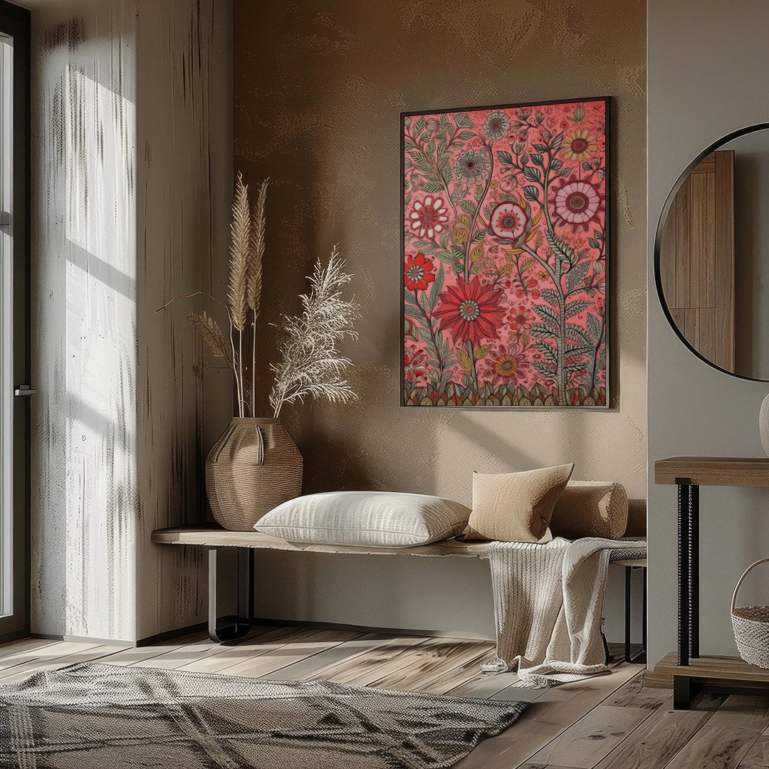 Immerse yourself in a world of vibrant blooms with this exquisite floral artwork. Featuring an for dwelling