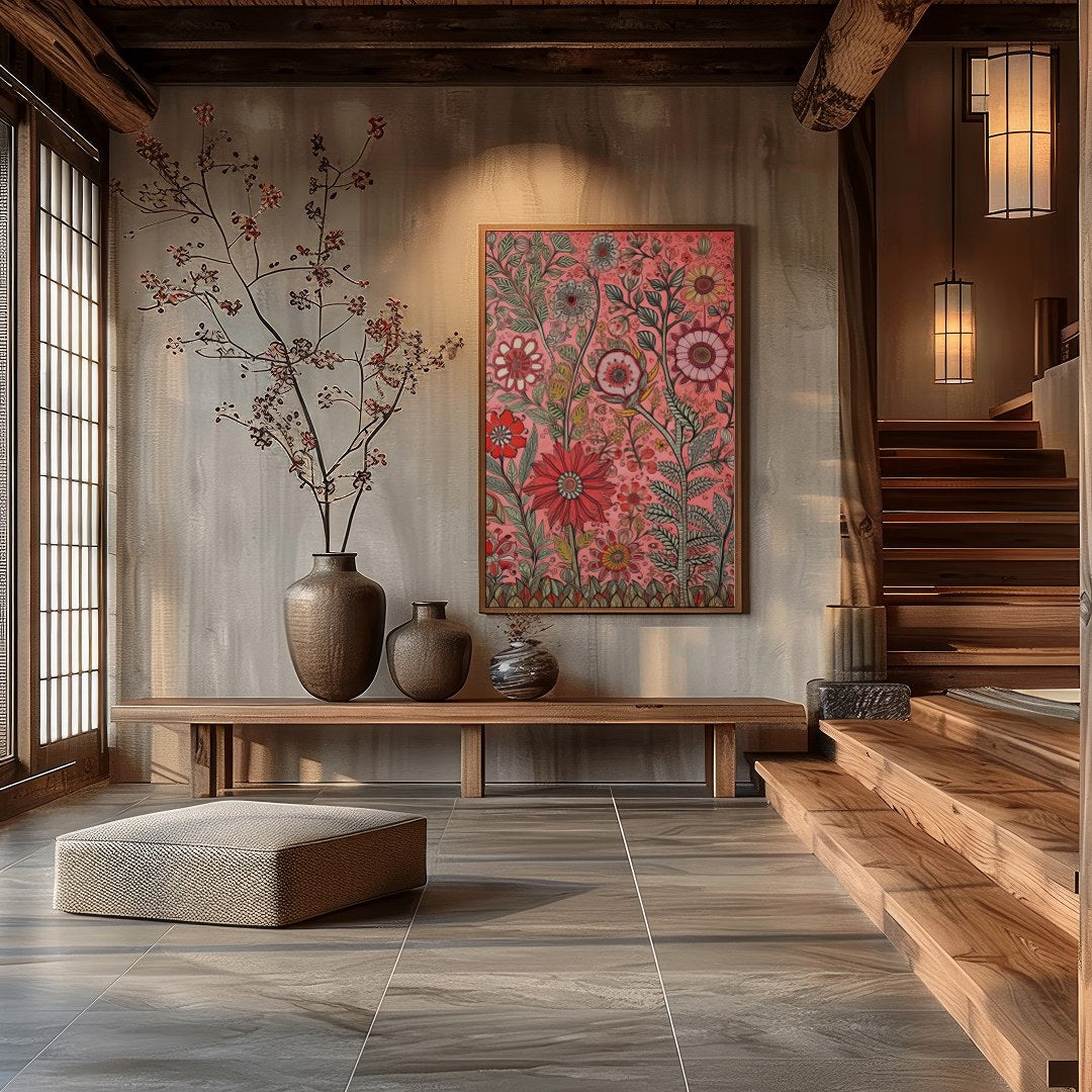 Immerse yourself in a world of vibrant blooms with this exquisite floral artwork. Featuring an for Hall