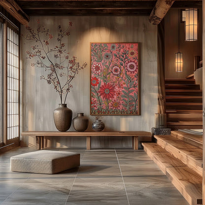 Immerse yourself in a world of vibrant blooms with this exquisite floral artwork. Featuring an for Hall