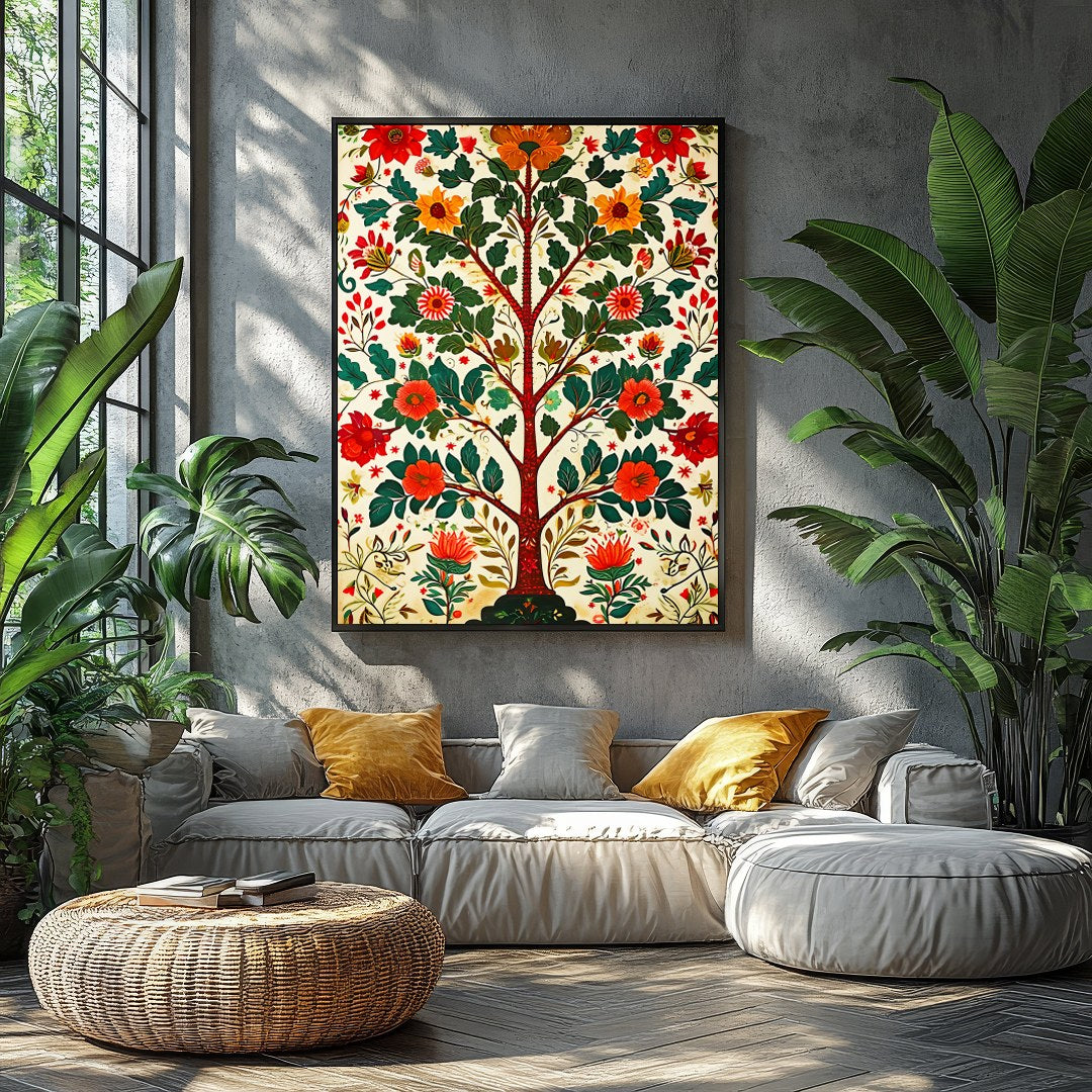 This exquisite artwork portrays a radiant tree of life adorned with lush floral patterns. The for Balcony