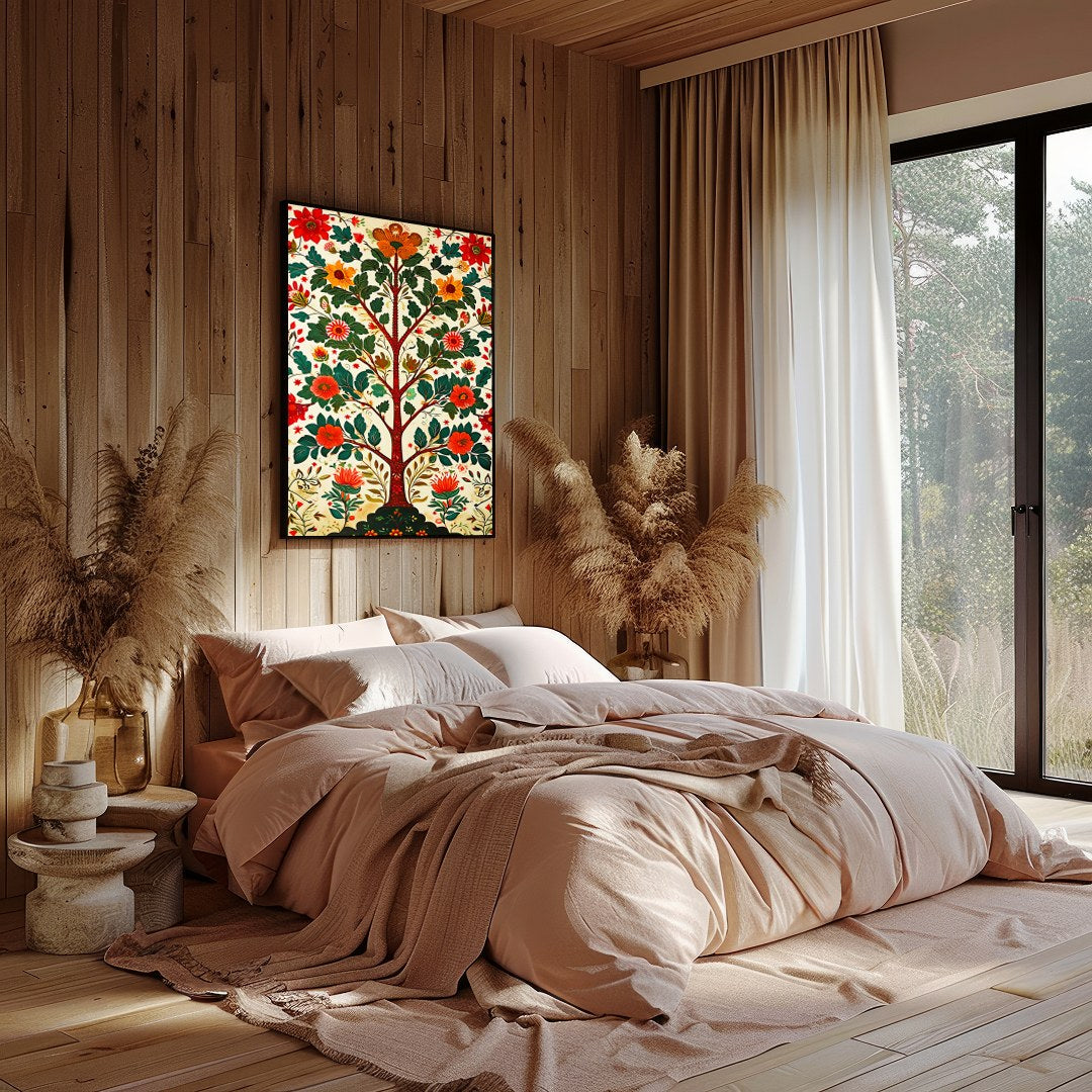 This exquisite artwork portrays a radiant tree of life adorned with lush floral patterns. The for Bedroom