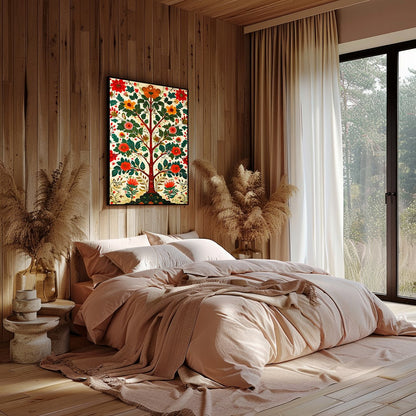 This exquisite artwork portrays a radiant tree of life adorned with lush floral patterns. The for Bedroom