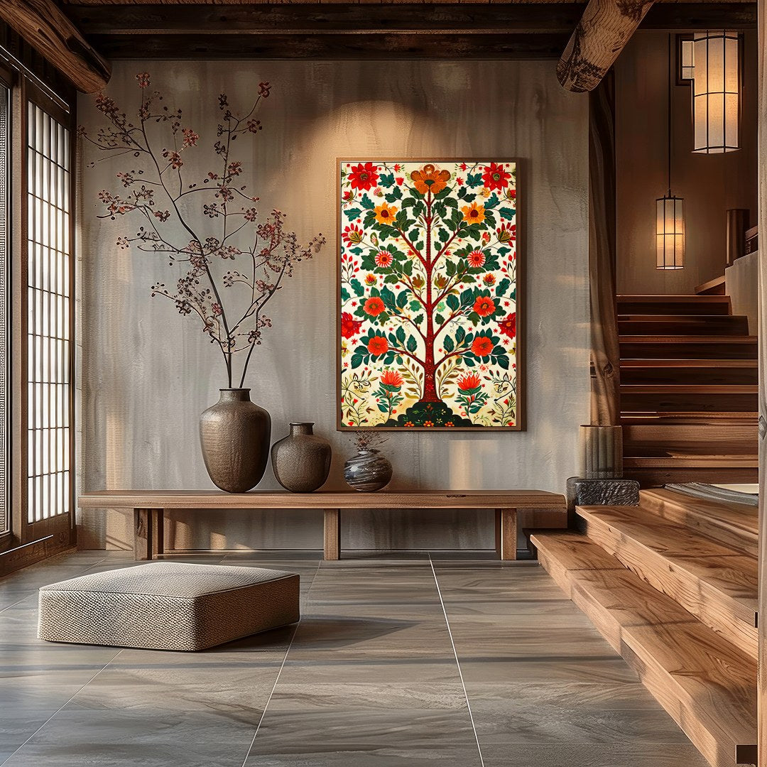 This exquisite artwork portrays a radiant tree of life adorned with lush floral patterns. The for Hall