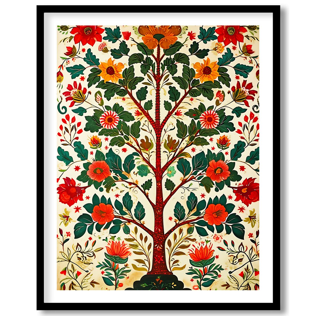 This exquisite artwork portrays a radiant tree of life adorned with lush floral patterns. The for hallway