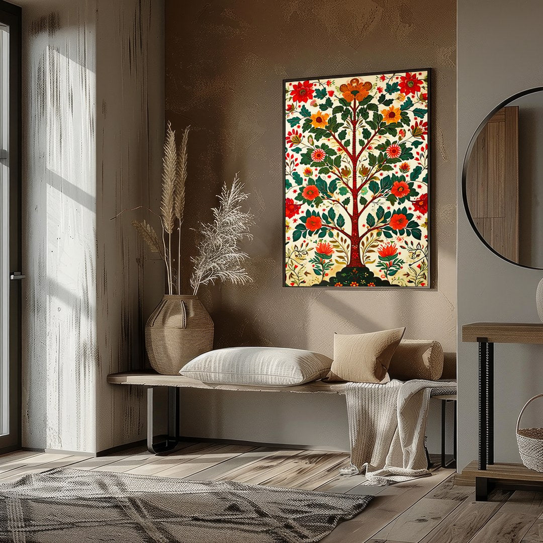 This exquisite artwork portrays a radiant tree of life adorned with lush floral patterns. The for residence
