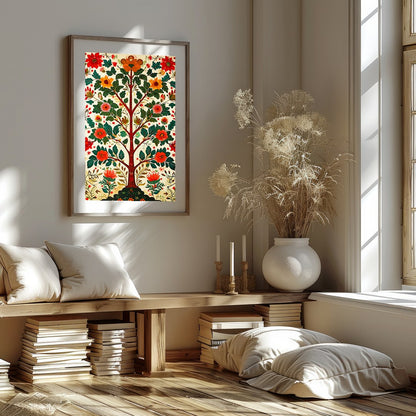 This exquisite artwork portrays a radiant tree of life adorned with lush floral patterns. The for retreat