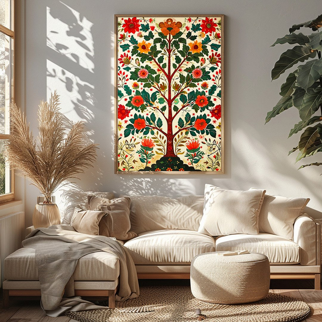This exquisite artwork portrays a radiant tree of life adorned with lush floral patterns. The for Sitting Area